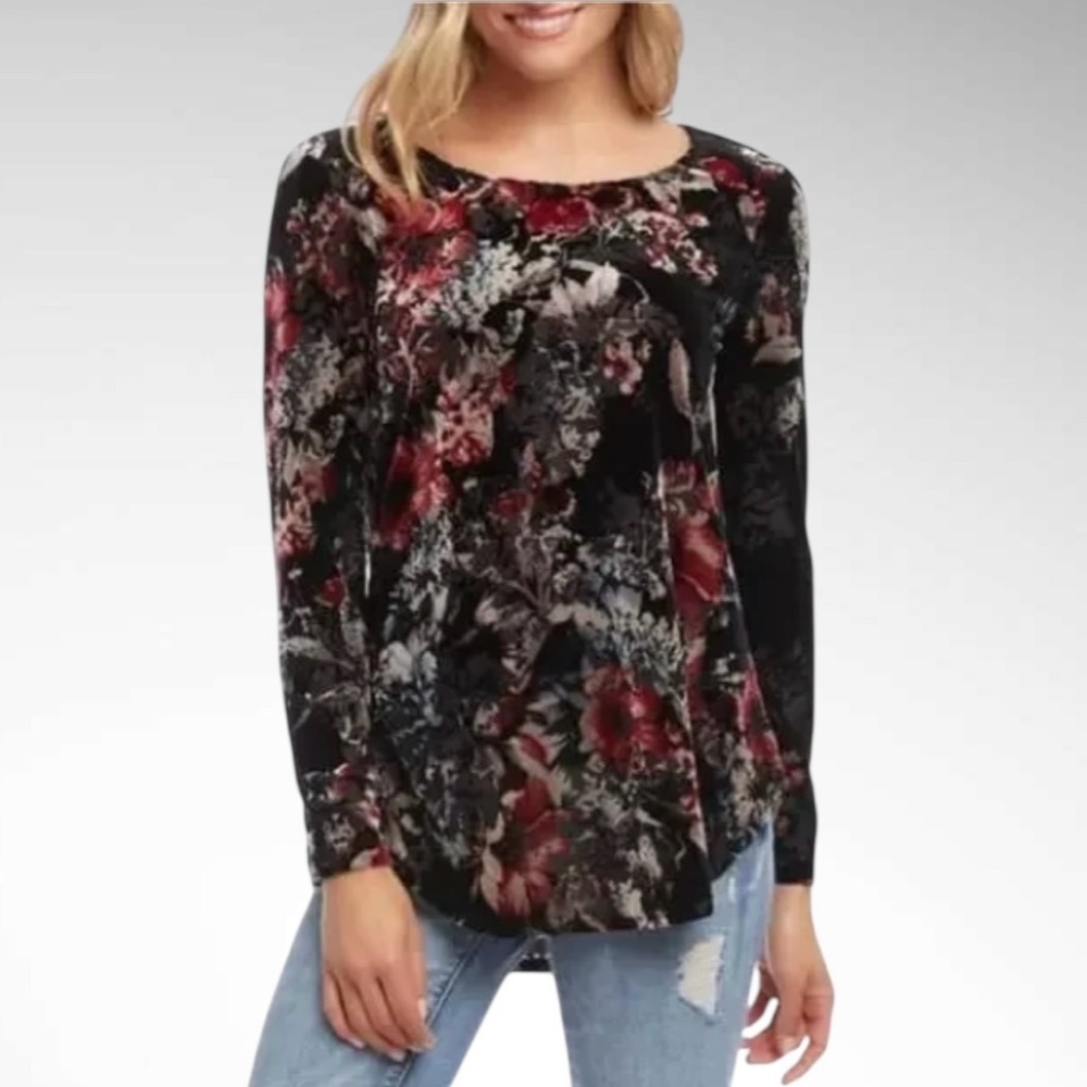 Karen Kane Burnout Floral Pullover Blouse Top Long Sleeves Scoopneck